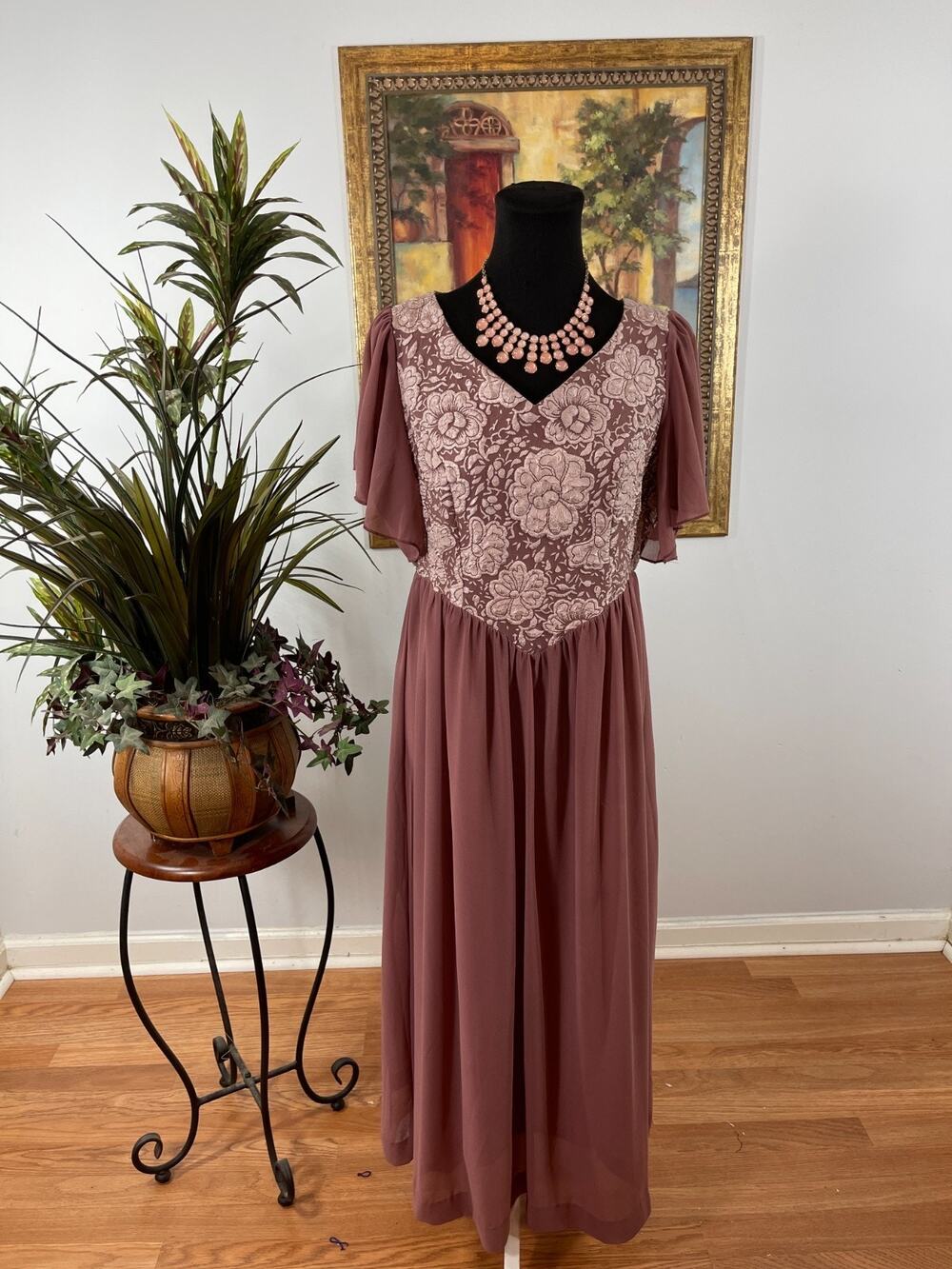 Shein Maxi Dress Women's Large Mauve Pink Floral Lace Garden Party Ethereal